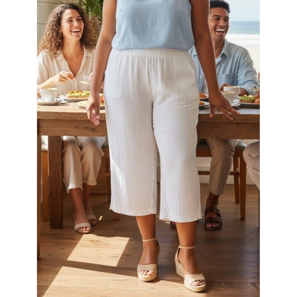 Soft Surroundings White Cotton Gauze Boho Coastal Flowy Wide Leg Crop Pants 1X